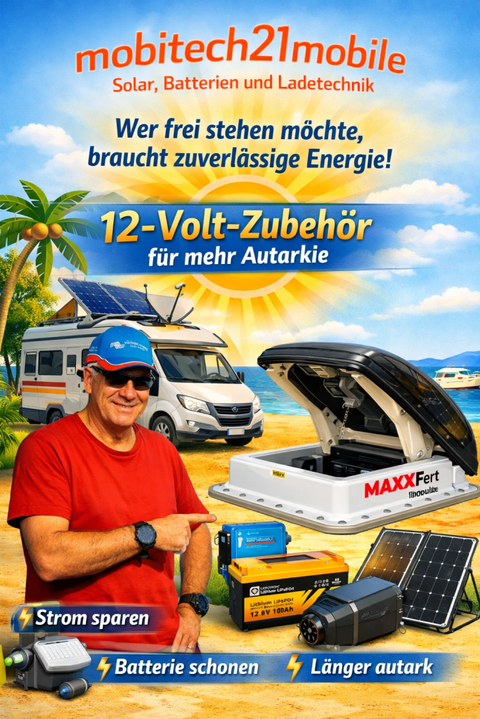 Freigestellter Mann mit MaXXFan Deluxe vor sommerlichem mobitech21mobile‑Hintergrund mit Wohnmobil, Boot, Sonne und Strand. Der Mann zeigt auf den MaXXFan Dachlüfter, darüber das Logo „mobitech21mobile – Solar, Batterien und Ladetechnik“. Ideal zur Präsentation von Camper‑Zubehör und Einbauservice in Portugal und Spanien. Weitere Informationen und Produkte unter mobitech21mobile.com.