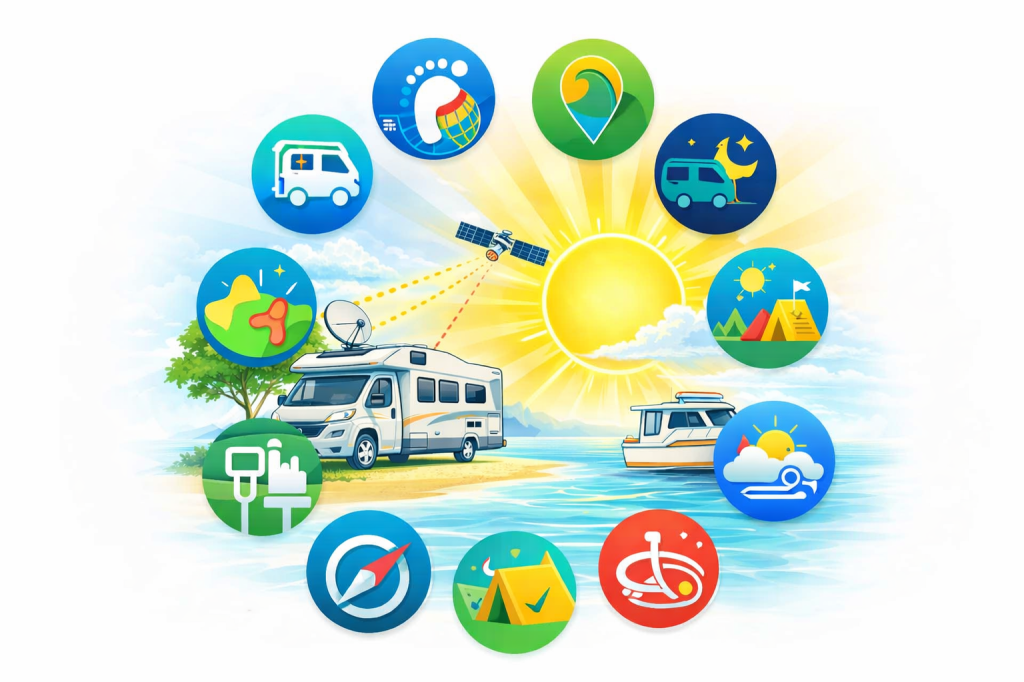   
Sommerillustration mit Wohnmobil am Strand, Boot im Wasser, Sonne und Satellit; darüber ein mittlerer Kreis aus elf farbigen Flat‑Design‑App‑Icons für Camping, Navigation und Wetter.