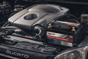 FORSTER LiFePO4 Heavy‑Duty Starterbatterie eingebaut im Motorraum eines Fiat Ducato. Die Batterie sitzt sauber im Batteriefach, mit sichtbaren Messingpolen und rotem Label. Im Hintergrund sind Motorabdeckung, Schläuche und Kabel zu erkennen. Realistische Darstellung im technischen mobitech21mobile‑Stil, ideal zur Veranschaulichung des Einbaus einer modernen Lithium‑Starterbatterie im Wohnmobil oder Transporter.