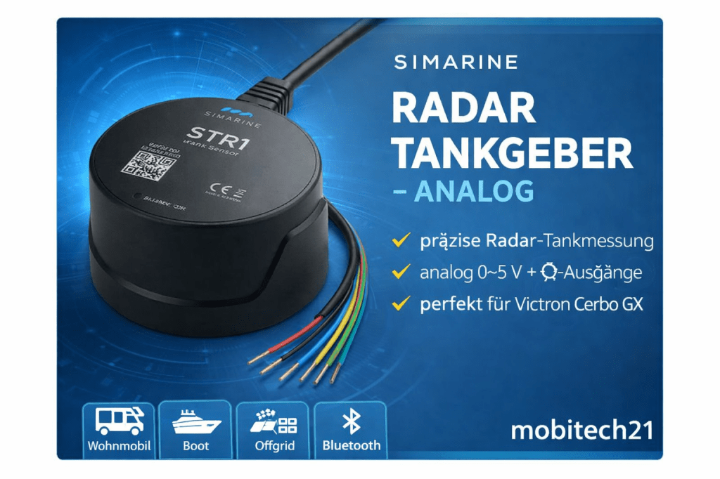 Der Simarine STR1 Radar Tankgeber – Analog ist ein moderner, schwimmerloser Füllstandssensor für Kunststofftanks von 150 bis 2000 mm Höhe. Er misst den Füllstand berührungslos per Radar und liefert gleichzeitig mehrere analoge Ausgangssignale. Damit eignet er sich perfekt für Nachrüstungen, individuelle Lösungen und Systeme, die analoge Eingänge benötigen.