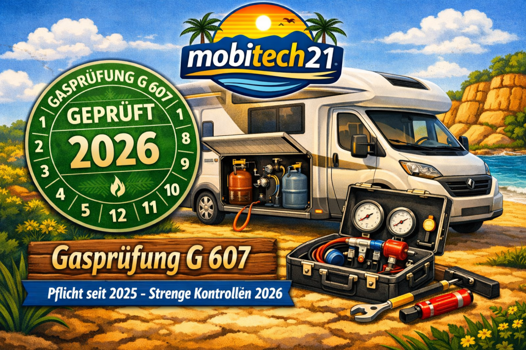 Sommerliches Infobild mit mobitech21‑Logo zeigt eine Gasprüfung nach G 607. Ein Wohnmobil steht vor Algarve‑Kulisse, der Gaskasten ist geöffnet mit zwei Gasflaschen und Prüfmanometer. Links eine grüne Prüfplakette „Geprüft 2026“, unten der Hinweis „Gasprüfung G 607 – Pflicht seit 2025 – Strenge Kontrollen 2026“. Werkzeugkoffer und Küstenhintergrund betonen Sicherheit und Sommerreise‑Feeling.