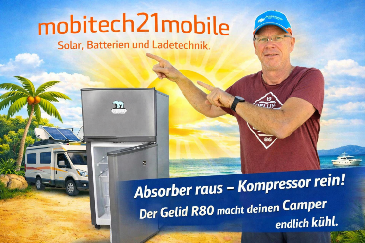 mobitech21 mit dem Kühlschrank Gelid 80 low im Hintergrund Meer und Sonne mit Wohnmobil