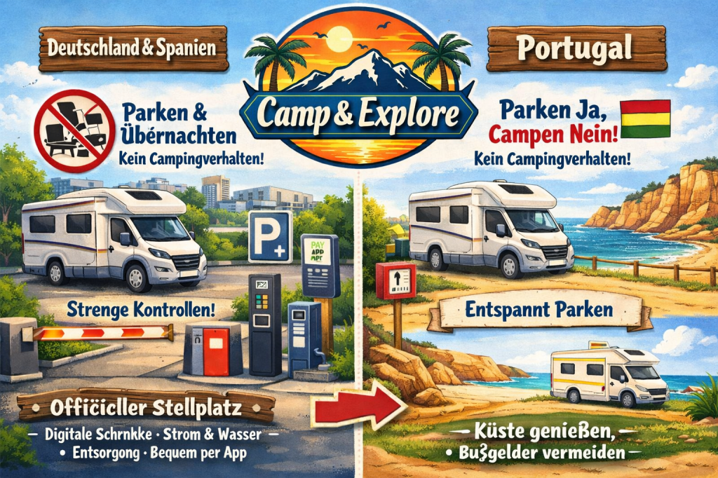  Infografik mit Sommerlogo zeigt Parkregeln für Camper in Deutschland, Spanien und Portugal. Links: „Parken & Übernachten, kein Campingverhalten“ mit Hinweis auf strengere Kontrollen und moderne Stellplätze mit App-Bezahlung. Rechts: Portugal-Szene mit Küste, „Parken ja, Campen nein“ – entspanntes Reisen ohne Bußgelder.