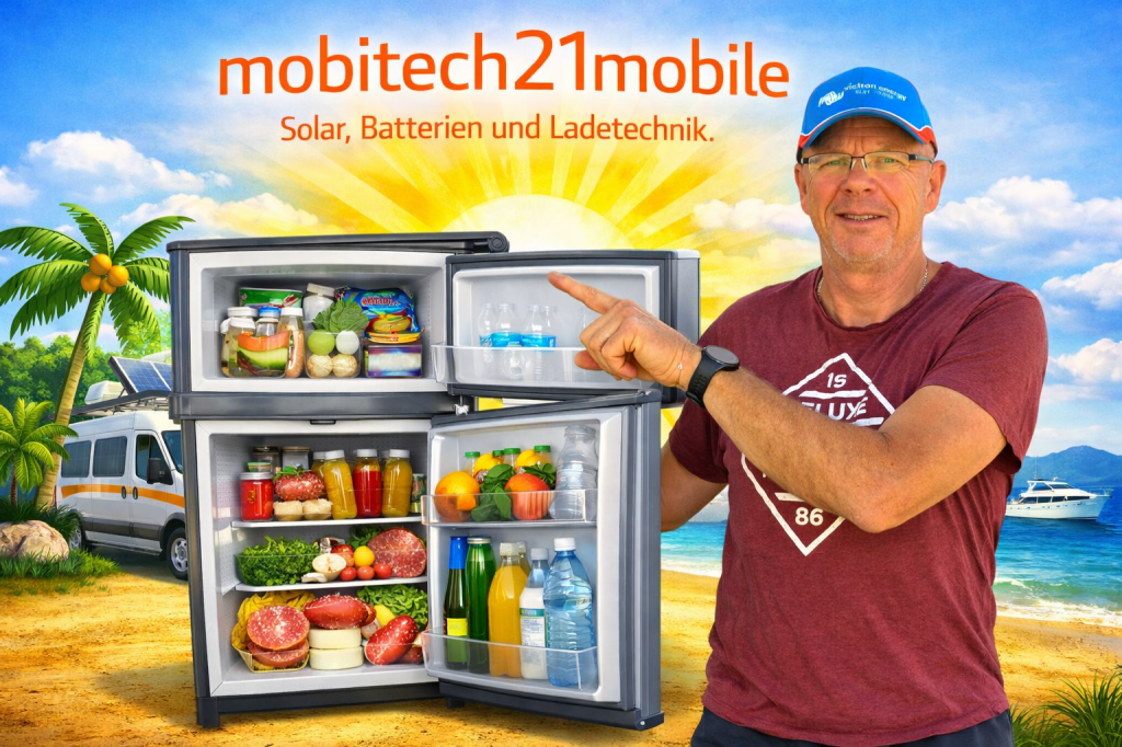 Dieter von mobitech21mobile steht am Strand neben einem offenen, gefüllten Gelid R80 Kompressor‑Kühlschrank. Im Hintergrund sind ein Camper mit Solaranlage, Palmen und das Sommerlogo von mobitech21mobile zu sehen. Der Kühlschrank zeigt Getränke, Obst, Milch und Tiefkühlprodukte – Symbol für autarke Kühlung im Camper.