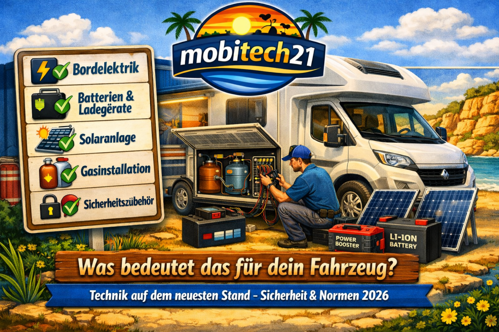 Sommerliches Infobild mit mobitech21‑Logo zeigt technische Modernisierung von Wohnmobilen 2026. Links eine Checkliste mit Symbolen für Bordelektrik, Batterien & Ladegeräte, Solaranlage, Gasinstallation und Sicherheitszubehör – alle mit grünen Haken. Rechts prüft ein Techniker die Elektrik eines Campers, daneben Solarpanel, Booster‑ und Lithium‑Batterie. Unten der Hinweis „Was bedeutet das für dein Fahrzeug? – Technik auf dem neuesten Stand, Sicherheit & Normen 2026