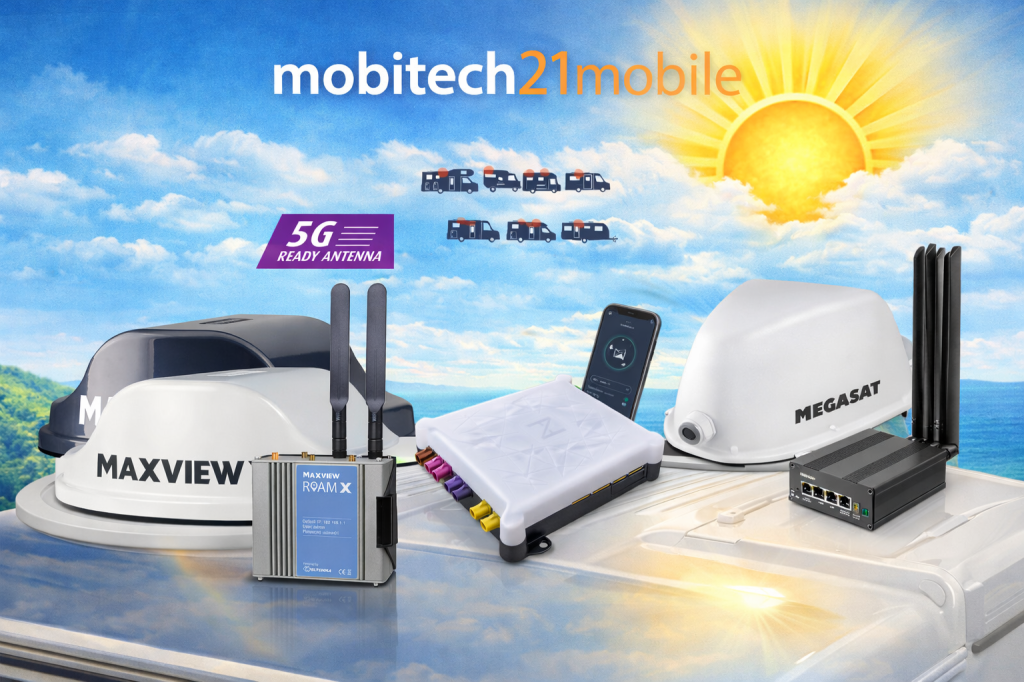 Diese Sommergrafik zeigt drei moderne Routerlösungen für mobiles Internet im Wohnmobil: Maxview Roam X, N‑Router und Megasat System.
Alle Geräte sind nebeneinander auf Fahrzeugdächern platziert, vor einem klaren Algarve‑Himmel mit Sonne und dem mobitech21mobile‑Logo.
Links das Maxview‑System mit 5G‑Ready‑Antenne und App‑Steuerung, in der Mitte der kompakte N‑Router mit farbcodierten Anschlüssen und Smartphone‑Interface, rechts das Megasat‑System mit leistungsstarkem Router und Dome‑Antenne.
Die Grafik vermittelt technische Präzision, Sommer‑Lifestyle und einfache Installation – ideal für Blog, Shop oder Infoseite zum Thema mobiles Internet im Wohnmobil.
