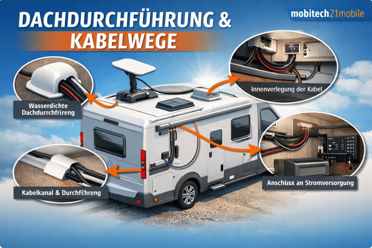 Technische Grafik zeigt Dachdurchführungen, Kabelwege und Stromversorgung im Wohnmobil. Eine Starlink‑Mini‑Antenne ist auf dem Dach montiert, Kabel führen durch eine wasserdichte Durchführung ins Fahrzeuginnere, dort verlaufen sie in Kabelkanälen zur Stromversorgung mit Batterie und Wechselrichter.