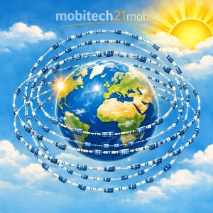 Technische Grafik zeigt die Erde umgeben von zahlreichen Starlink‑Satelliten in konzentrischen Umlaufbahnen. Im Hintergrund leuchtet die Sonne über Algarve‑Himmel, das mobitech21mobile‑Logo erscheint dezent darüber.