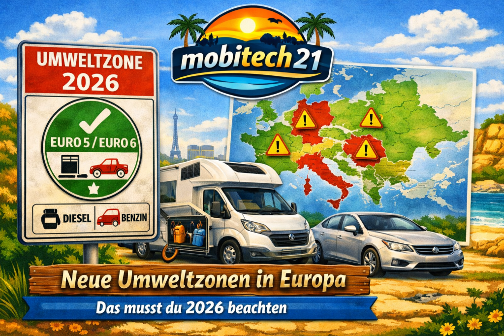 Sommerliches Infobild mit mobitech21‑Logo zeigt neue Umweltzonen in Europa ab 2026. Links ein großes Verkehrsschild „Umweltzone 2026“ mit grüner Plakette für Euro‑5/Euro‑6, Diesel‑ und Benzin‑Symbolen. Rechts ein Wohnmobil und ein PKW vor einer Europakarte, auf der Deutschland, Frankreich, Spanien und Italien mit Warnsymbolen markiert sind. Unten der Hinweis „Neue Umweltzonen in Europa – das musst du 2026 beachten