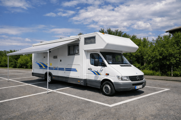 Ein weißes Wohnmobil mit blauen und gelben Streifen parkt auf einem asphaltierten Parkplatz. Die Markise ist vollständig ausgefahren und reicht über die Begrenzungslinie in die benachbarte Stellfläche. Das Fahrzeug steht korrekt in seiner Bucht, aber die Markise belegt zusätzlich den Nachbarplatz. Im Hintergrund sind Bäume und ein Gebäude zu sehen, der Himmel ist leicht bewölkt – typische Szene zur Veranschaulichung falscher Nutzung von Stellflächen durch ausgefahrene Markisen.