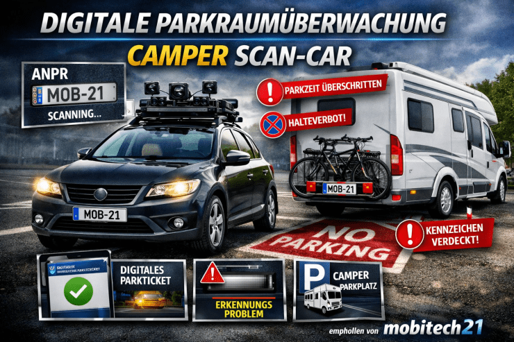 Ein Scan‑Car mit Kameras und Sensoren überwacht einen falsch parkenden Camper, der teilweise im Halteverbot steht. Das Kennzeichen des Campers ist durch einen Fahrradträger verdeckt, während digitale Warnsymbole „Parkzeit überschritten“ und „Halteverbot“ eingeblendet sind. Im Vordergrund ist das Kennzeichen „MOB‑21“ sichtbar, daneben ein Smartphone mit digitalem Parkticket und ein rotes Warnsymbol. Die Szene zeigt die moderne, automatisierte Parkraumüberwachung für Camper.