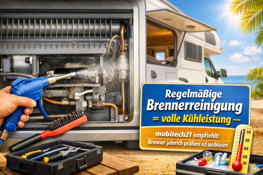 Rückseite eines Absorber‑Kühlschranks im Wohnmobil während der Brennerreinigung. Eine Hand bläst Staub mit Druckluft aus, daneben liegt eine Bürste und Werkzeugkasten. mobitech21 empfiehlt: Brenner jährlich prüfen und reinigen für volle Kühlleistung.