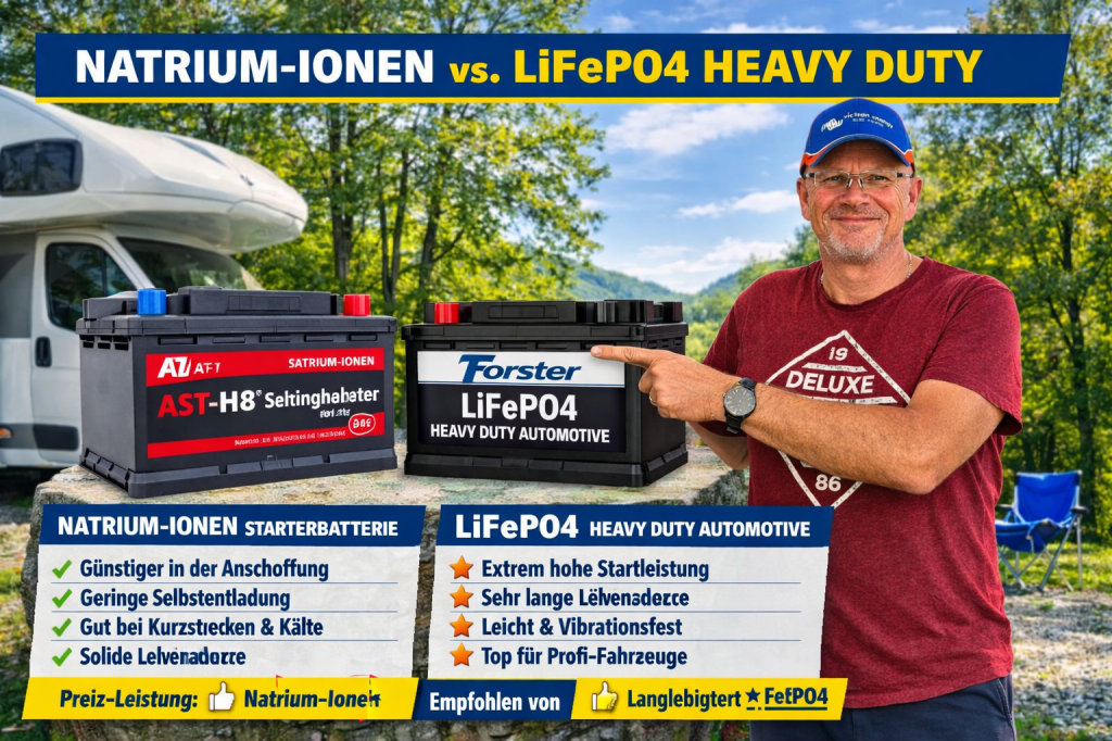  Vergleichsgrafik mit Dieter von Mobitech21 vor einem Camper. Links eine Natrium‑Ionen‑Starterbatterie AST‑H8, rechts eine Forster LiFePO4 Heavy Duty Automotive‑Batterie. Dieter zeigt mit der rechten Hand auf die LiFePO4‑Batterie. Textbanner: „Natrium‑Ionen vs. LiFePO4 Heavy Duty“. Darunter Stichpunkte zu Preis‑Leistung und Langlebigkeit. Sommerlicher Hintergrund mit Wohnmobil und blauer Himmel.