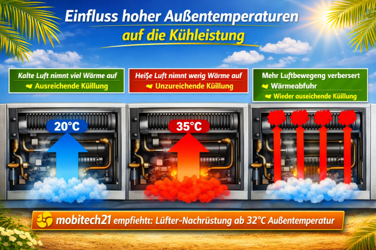 rückansicht eines AbsorberKühlschrank mit dem vergleich wie stark die Kühlung ist mit Lüfter ohne Lüfter bei hohen Temperaturen